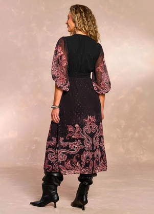 Doce Trama - Vestido Midi Jardim Boho em Chiffon Preto - DOCE TRAMA