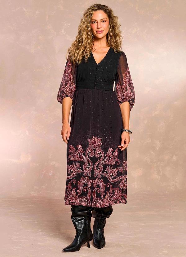 Doce Trama - Vestido Midi Jardim Boho em Chiffon Preto
