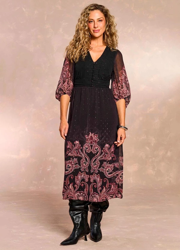 Doce Trama - Vestido Midi Jardim Boho em Chiffon Preto