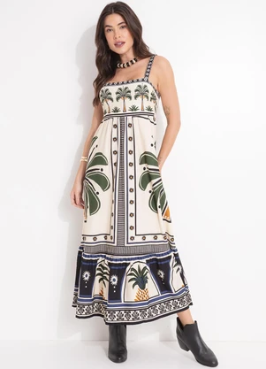 Farm - Vestido Midi Jardim Tropical Bege - FARM