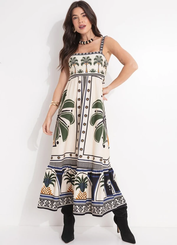 Farm - Vestido Midi Jardim Tropical Bege 3