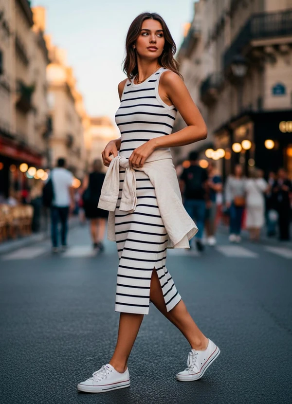 Bimini - Vestido Midi Listrado Bege 4