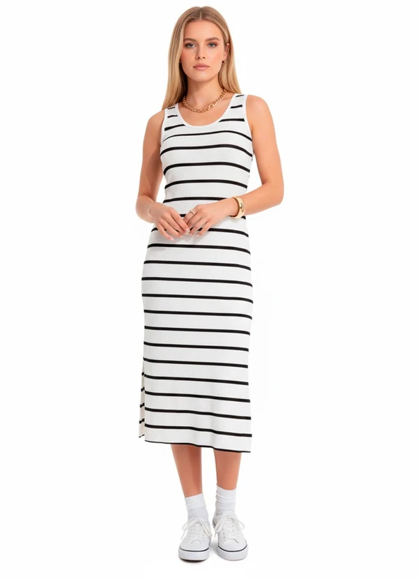 Bimini - Vestido Midi Listrado Bege 6