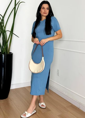 Doce Tom - Vestido Midi Malha com Fenda Lateral Azul - DOCE TOM