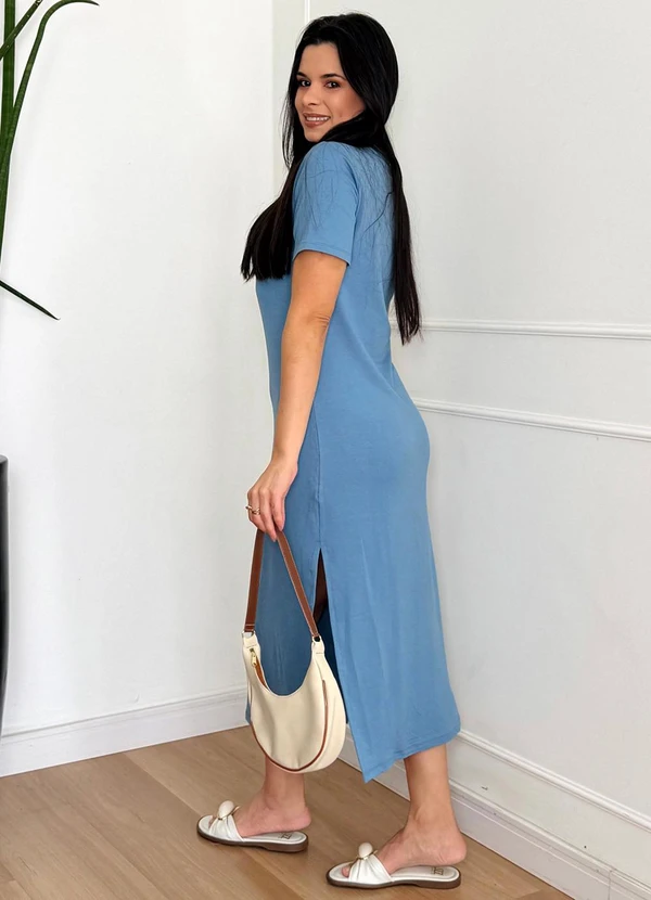 Doce Tom - Vestido Midi Malha com Fenda Lateral Azul 3