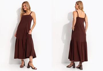 Vestido Midi Soltinho em Malha de Algod�o com Bolsos Marrom