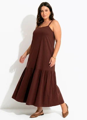 Quintess - Vestido Midi Soltinho em Malha de Algodão com Bolsos Marrom - QUINTESS