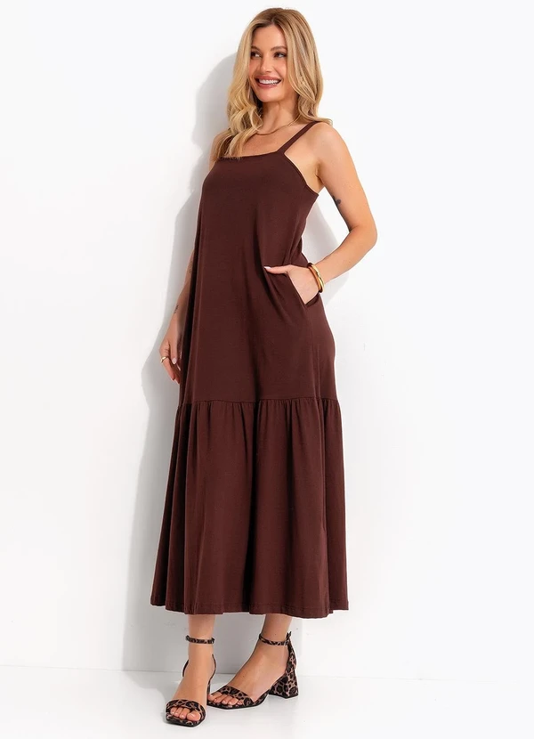Quintess - Vestido Midi Soltinho em Malha de Algodão com Bolsos Marrom 2