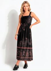 Vestido Midi Soltinho Estampa Tropical em Malha Fria com Al�a de El�stico