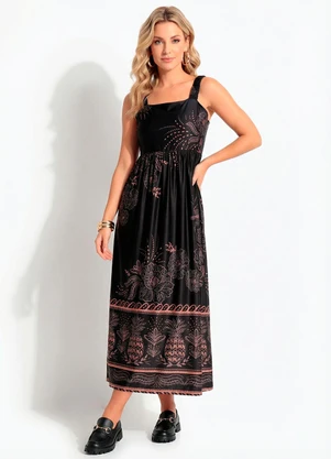 Quintess - Vestido Midi Soltinho Estampa Tropical em Malha Fria com Alça de Elástico - QUINTESS