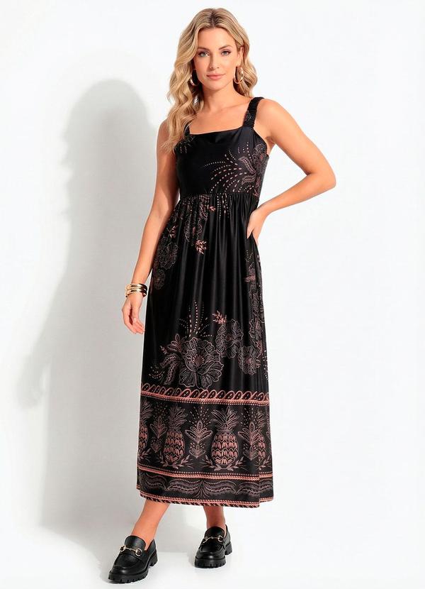 Vestido Midi Soltinho Estampa Tropical em Malha Fria com Al�a de El�stico