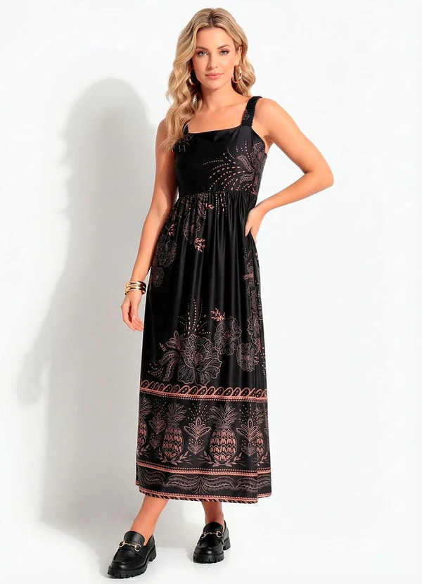 Quintess - Vestido Midi Soltinho Estampa Tropical em Malha Fria com Alça de Elástico 6
