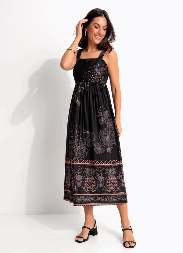 Quintess - Vestido Midi Soltinho Estampa Tropical em Malha Fria com Alça de Elástico 3