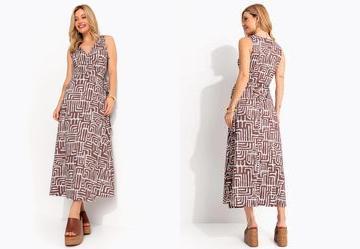 Vestido Midi Transpassado Estampa Geom�trica Marrom em Malha Fria