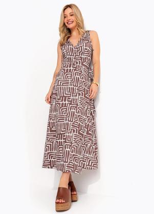 Vestido Midi Transpassado Estampa Geom�trica Marrom em Malha Fria