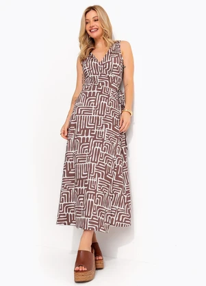 Quintess - Vestido Midi Transpassado Estampa Geométrica Marrom em Malha Fria - QUINTESS