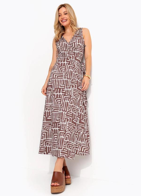 Vestido Midi Transpassado Estampa Geom�trica Marrom em Malha Fria