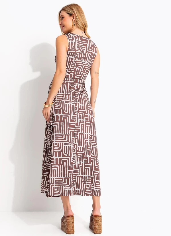 Quintess - Vestido Midi Transpassado Estampa Geométrica Marrom em Malha Fria 5