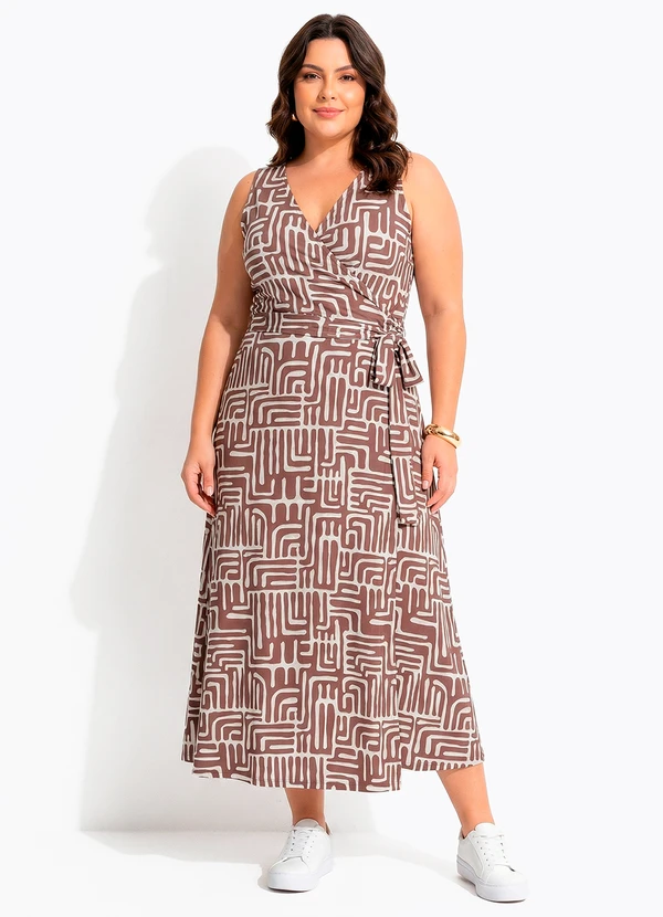Quintess - Vestido Midi Transpassado Estampa Geométrica Marrom em Malha Fria 7