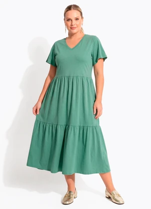 Quintess - Vestido Midi Verde em Malha de Algodão Soltinho com Camadas - QUINTESS