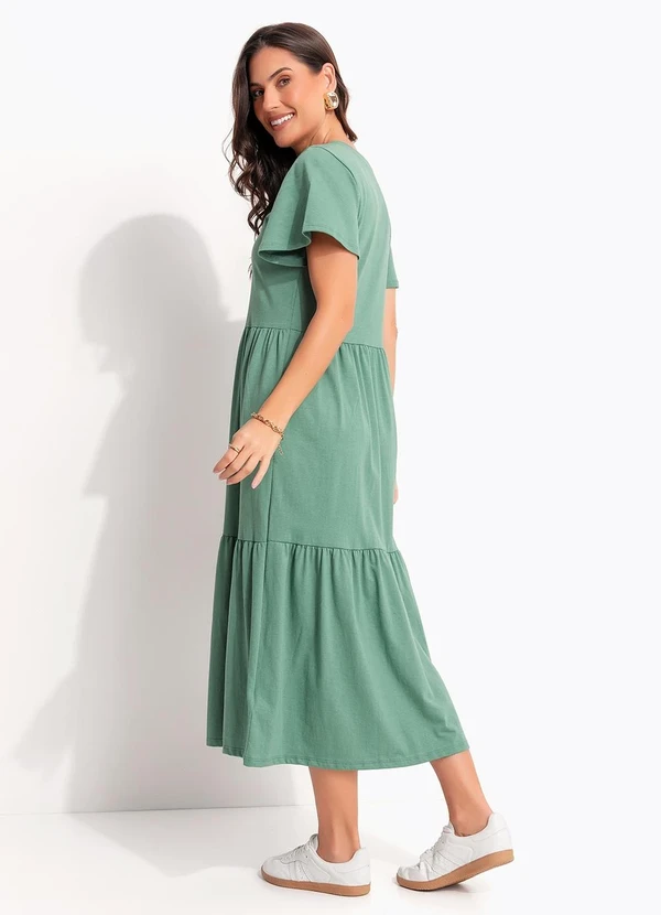 Quintess - Vestido Midi Verde em Malha de Algodão Soltinho com Camadas 2