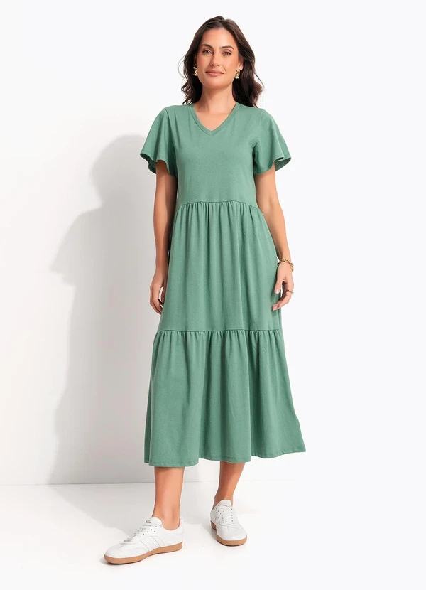 Quintess - Vestido Midi Verde em Malha de Algodão Soltinho com Camadas 3