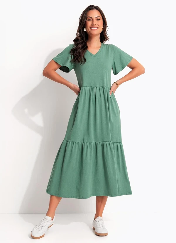 Quintess - Vestido Midi Verde em Malha de Algodão Soltinho com Camadas 4