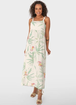 Malwee - Vestido Off White Longo Tropical com Lastex - MALWEE