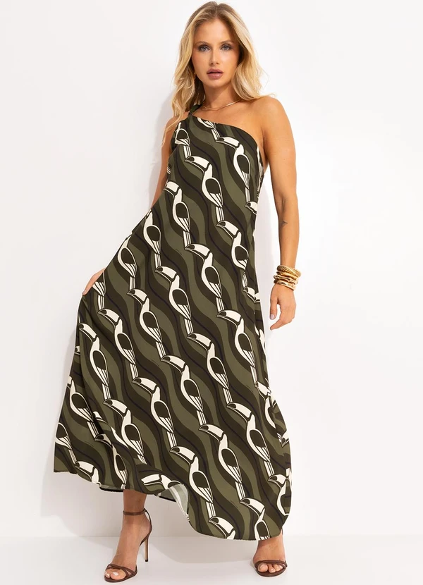 Farm - Vestido Ombro Só Tucano Gráfico em Viscose Verde