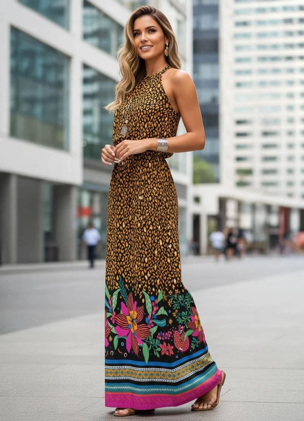 Quintess - Vestido Onça Floral em Malha de Viscose