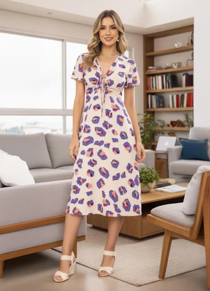 Quintess - Vestido Onça Geométrica em Crepe Plano - QUINTESS