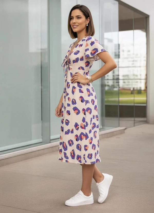 Quintess - Vestido Onça Geométrica em Crepe Plano