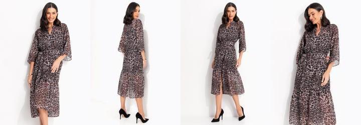 Vestido On�a Marrom em Tecido Chiffon