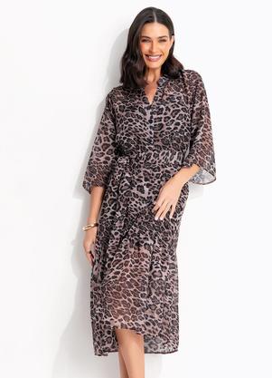 Vestido On�a Marrom em Tecido Chiffon