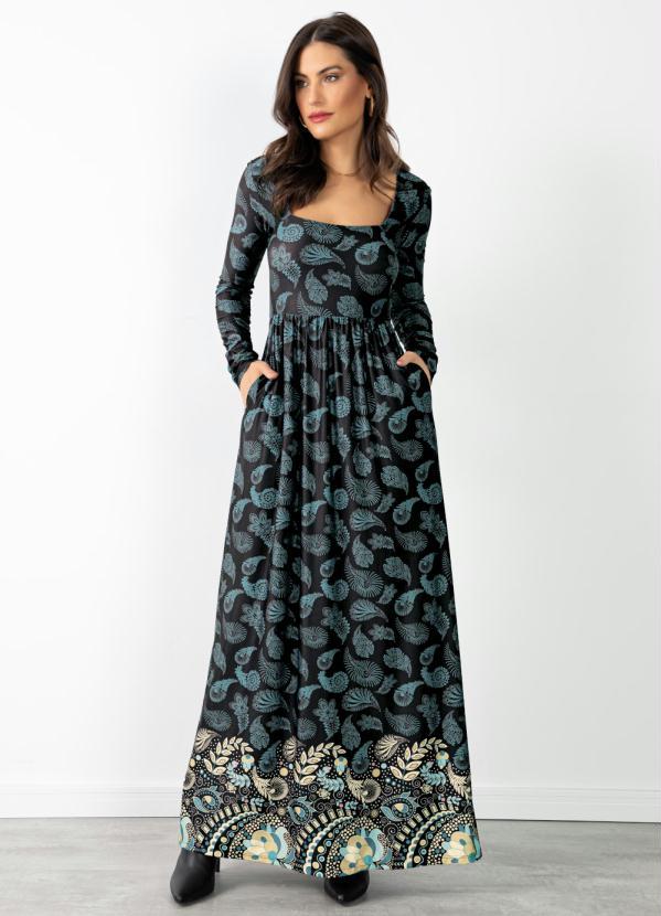 Quintess - Vestido Paisley Preto com Bolsos