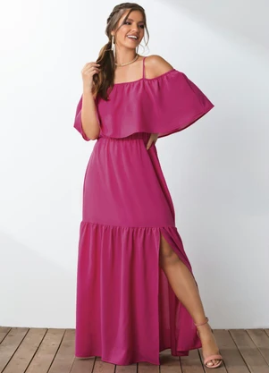 Queima Estoque - Vestido Pink Longo com Babados - QUEIMA ESTOQUE