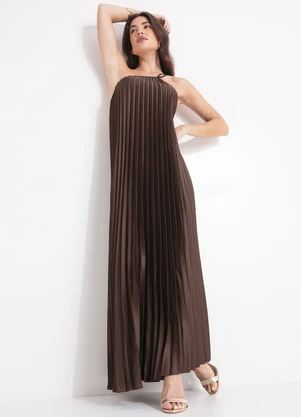 Farm - Vestido Plissado Longo Marrom - FARM