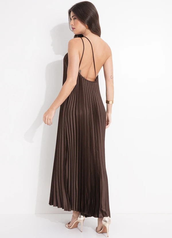 Farm - Vestido Plissado Longo Marrom 2