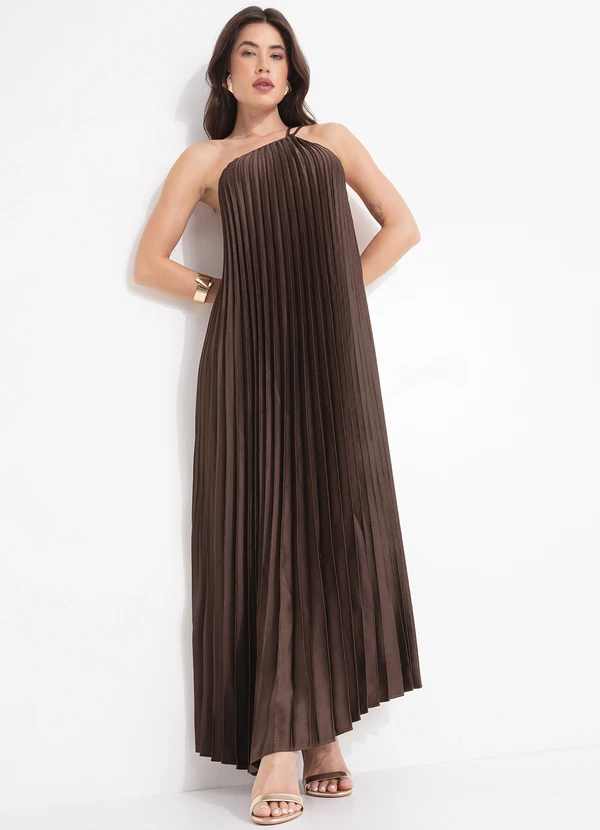 Farm - Vestido Plissado Longo Marrom 3