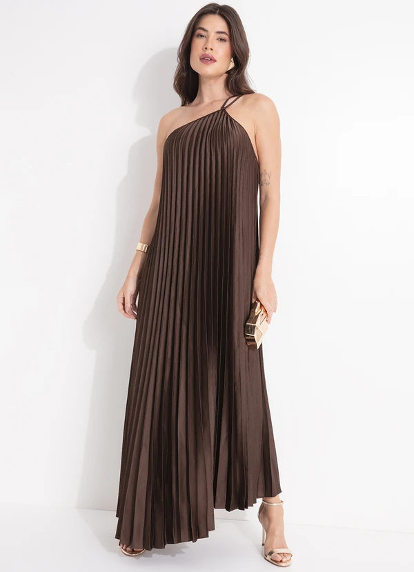 Farm - Vestido Plissado Longo Marrom 4
