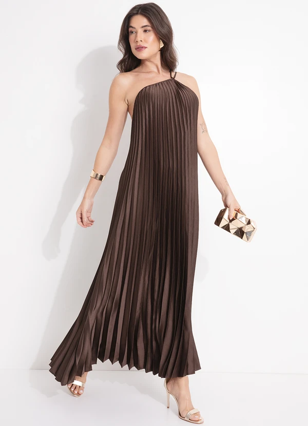 Farm - Vestido Plissado Longo Marrom 6