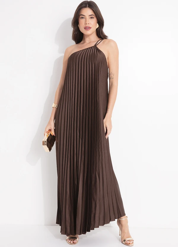 Farm - Vestido Plissado Longo Marrom 7