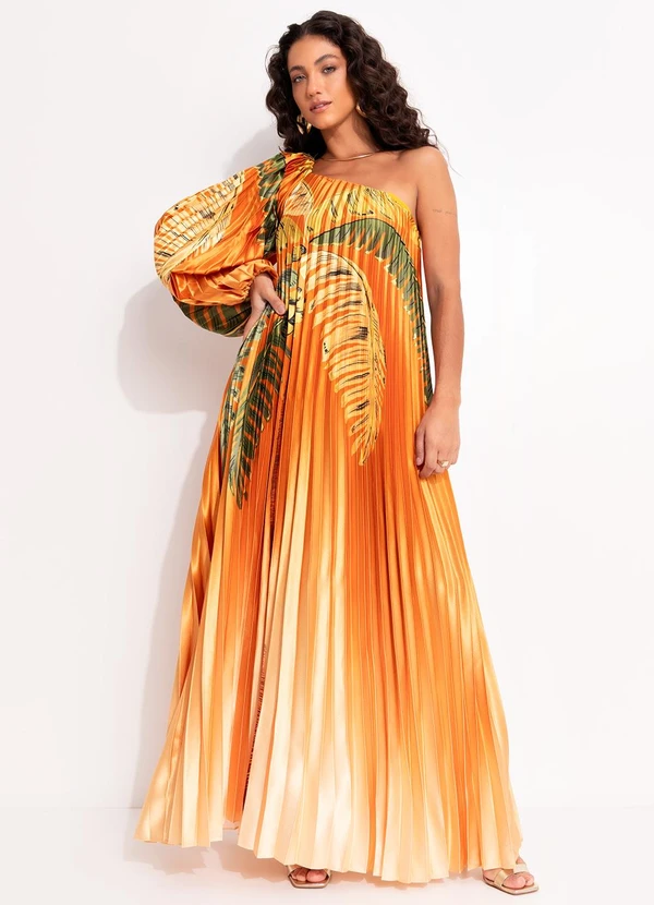 Farm - Vestido Plissado Ombro Só Itacaré Laranja 3