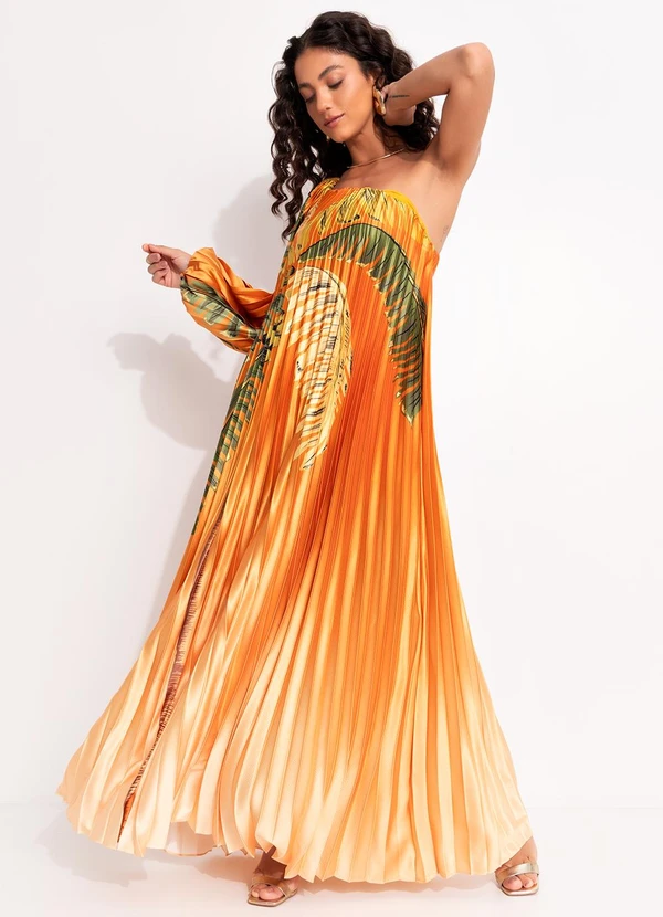 Farm - Vestido Plissado Ombro Só Itacaré Laranja 4