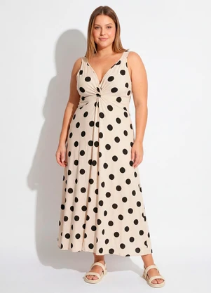 Quintess - Vestido Midi de Poá em Malha com Torção no Busto e Fenda - QUINTESS