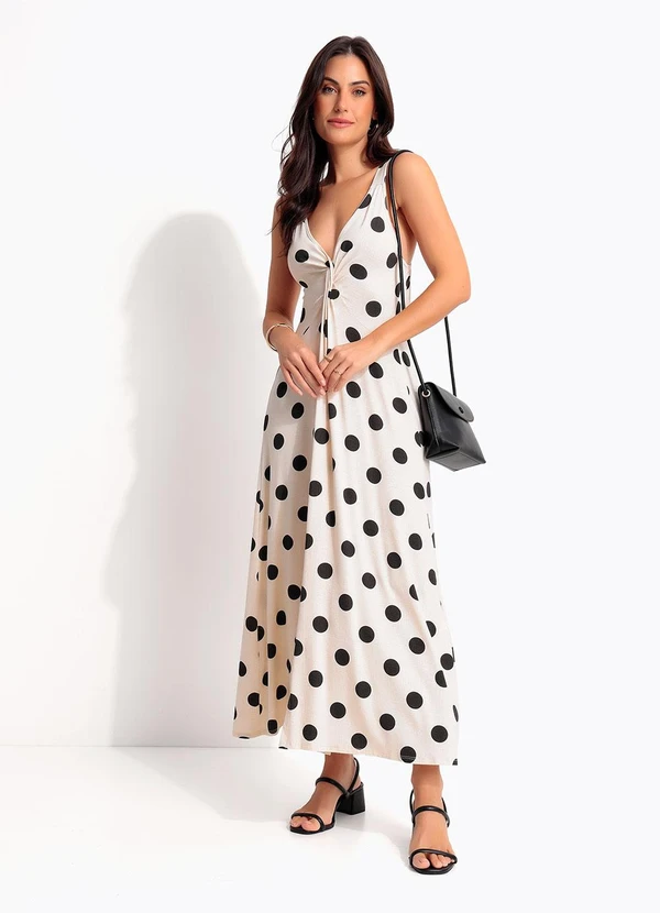 Quintess - Vestido Midi de Poá em Malha com Torção no Busto e Fenda