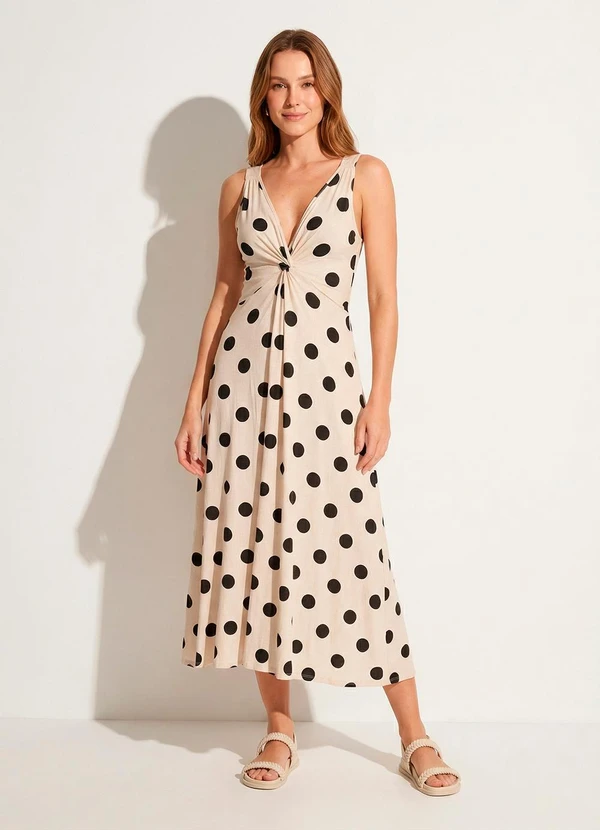 Quintess - Vestido Midi de Poá em Malha com Torção no Busto e Fenda 2