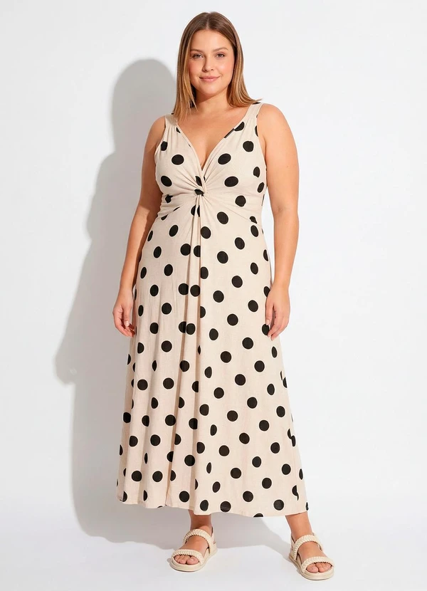 Quintess - Vestido Midi de Poá em Malha com Torção no Busto e Fenda