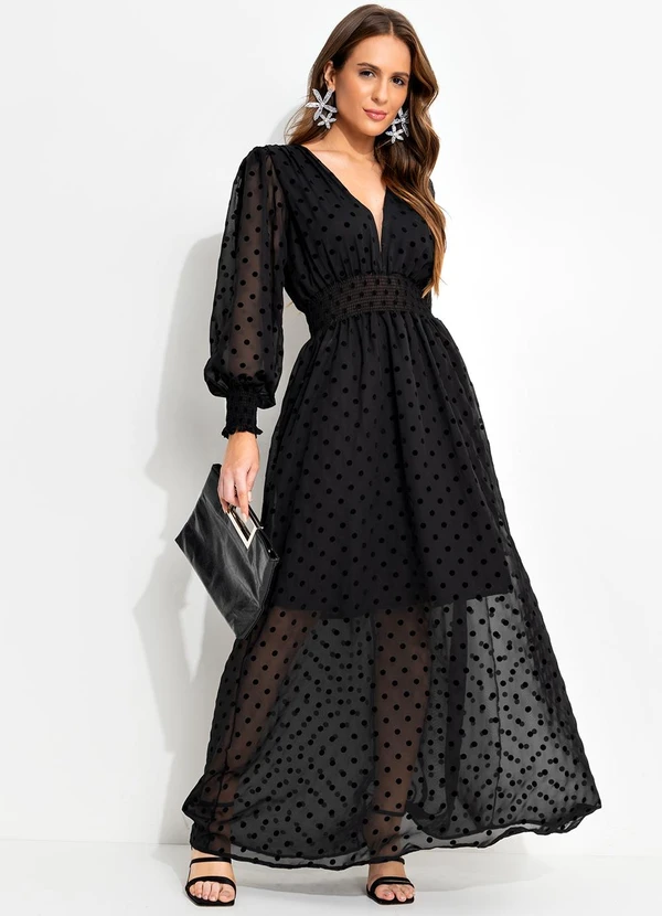 Vestido Poá Flock Preto em Chiffon Quintess