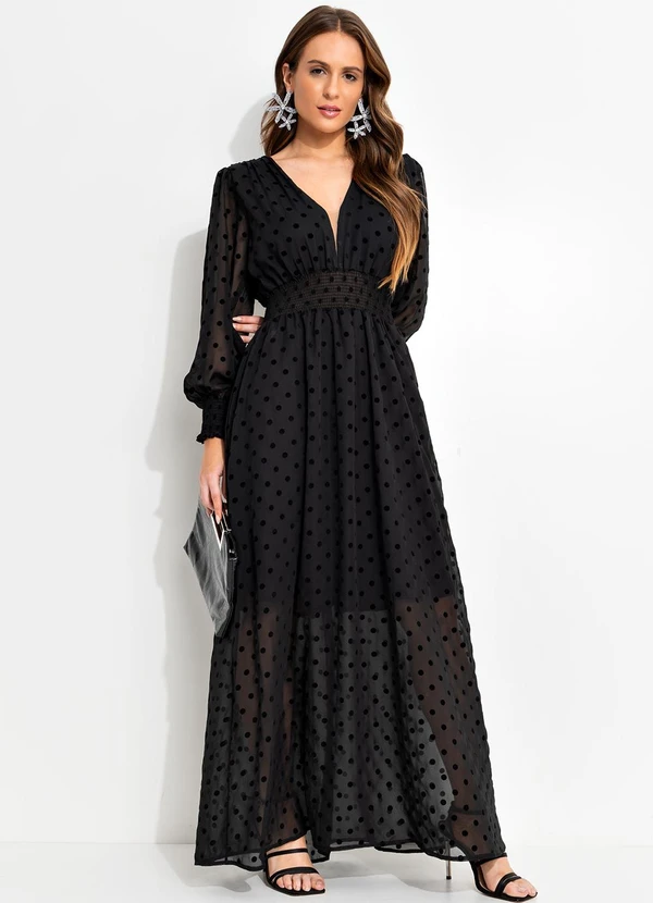 Quintess - Vestido Poá Flock Preto em Chiffon 3